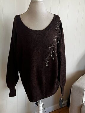 Democracy brown embroidered and rhinestone Embellished Scoop Neck Sweater